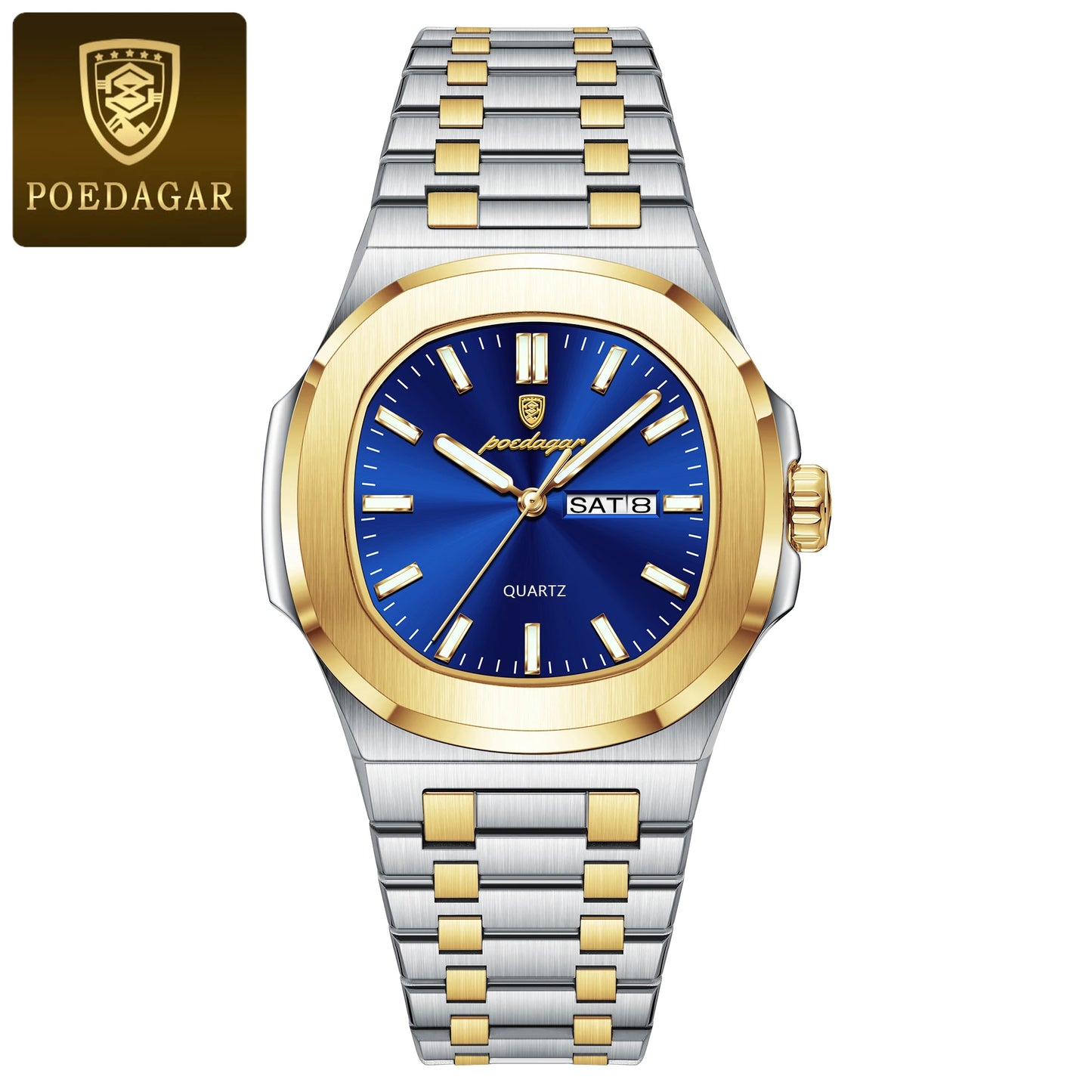 POEDAGAR Stainless Steel Square Quartz Watch