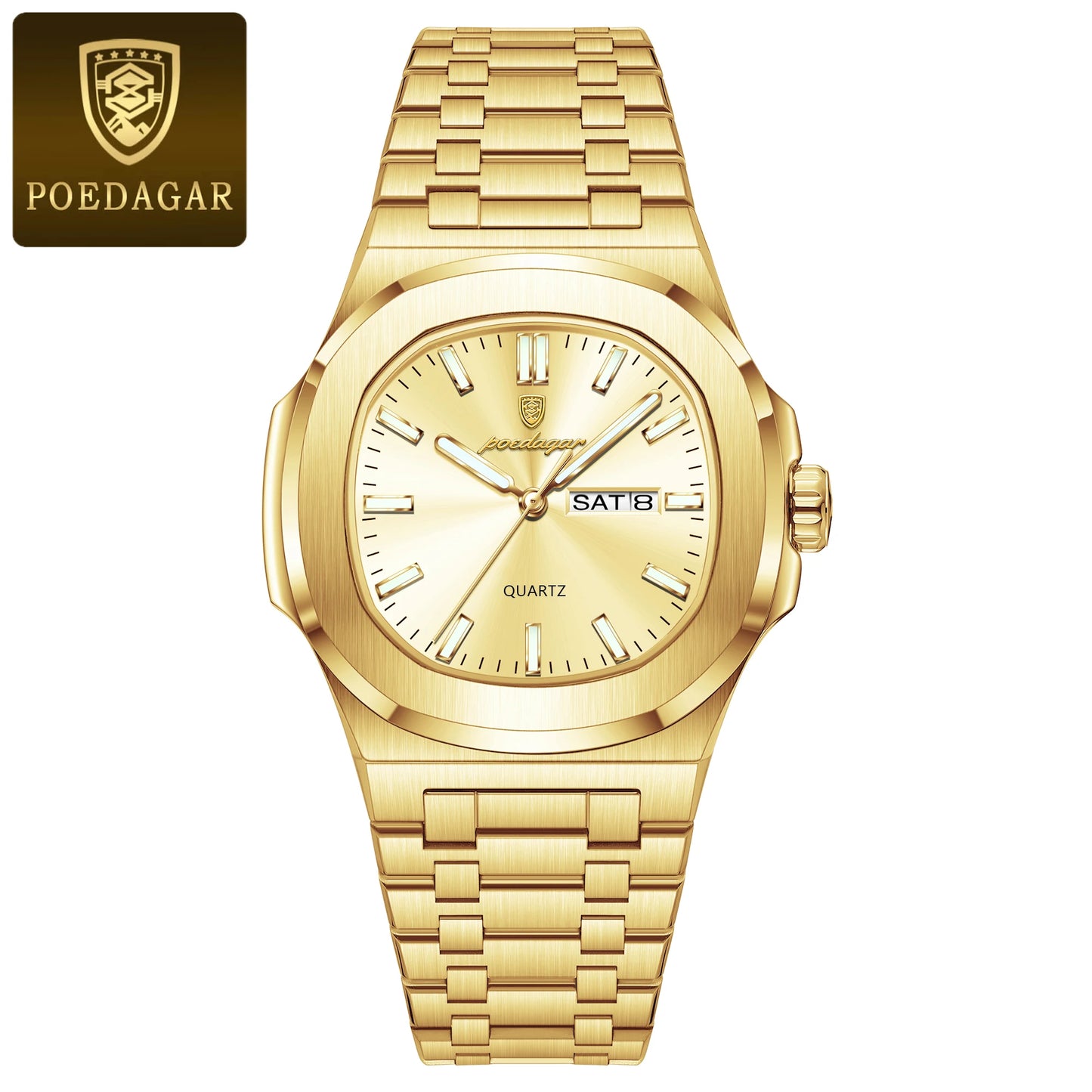 POEDAGAR Stainless Steel Square Quartz Watch