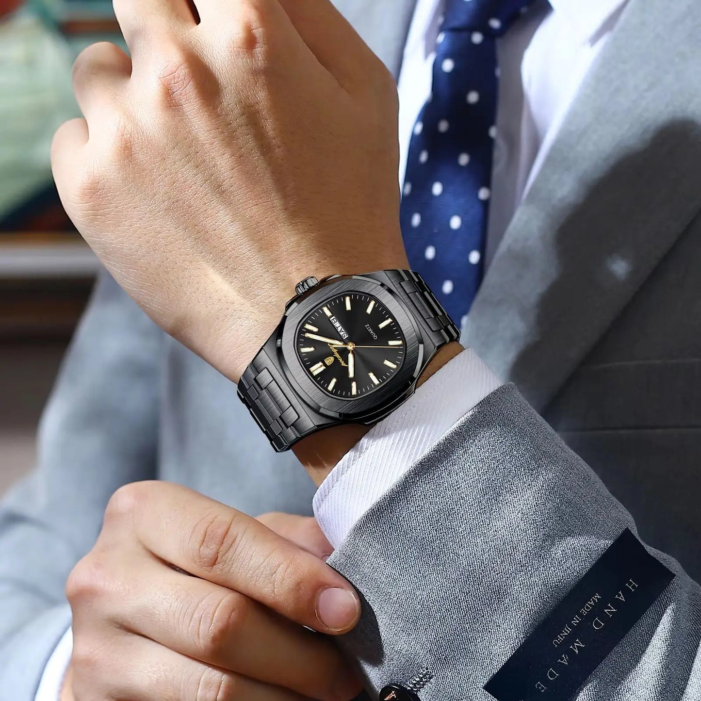 POEDAGAR Stainless Steel Square Quartz Watch
