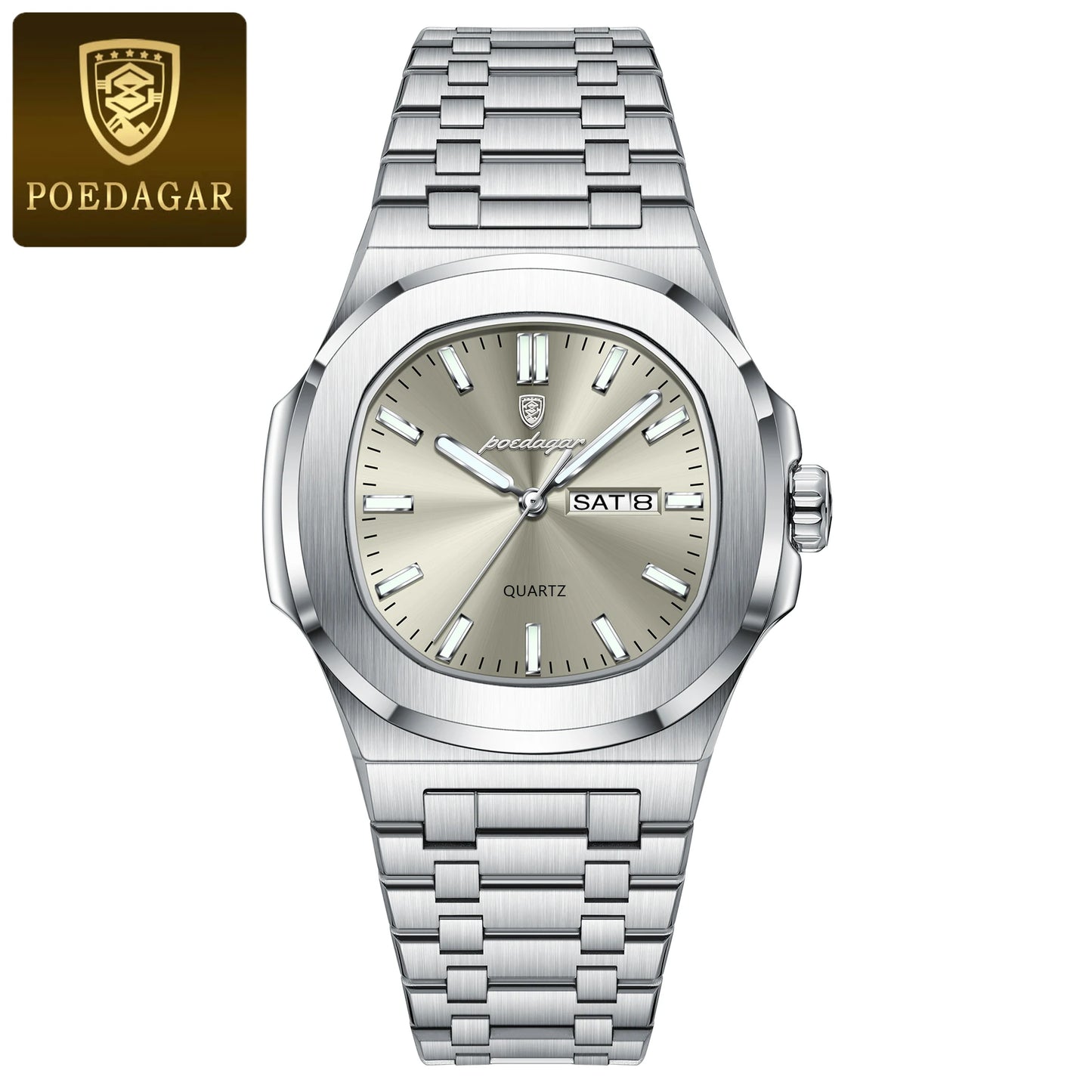 POEDAGAR Stainless Steel Square Quartz Watch