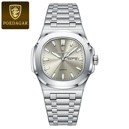POEDAGAR Stainless Steel Square Quartz Watch