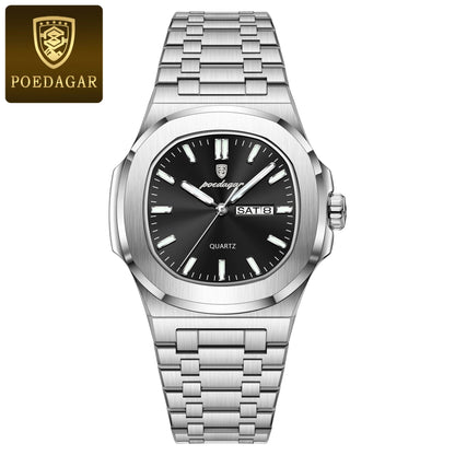 POEDAGAR Stainless Steel Square Quartz Watch