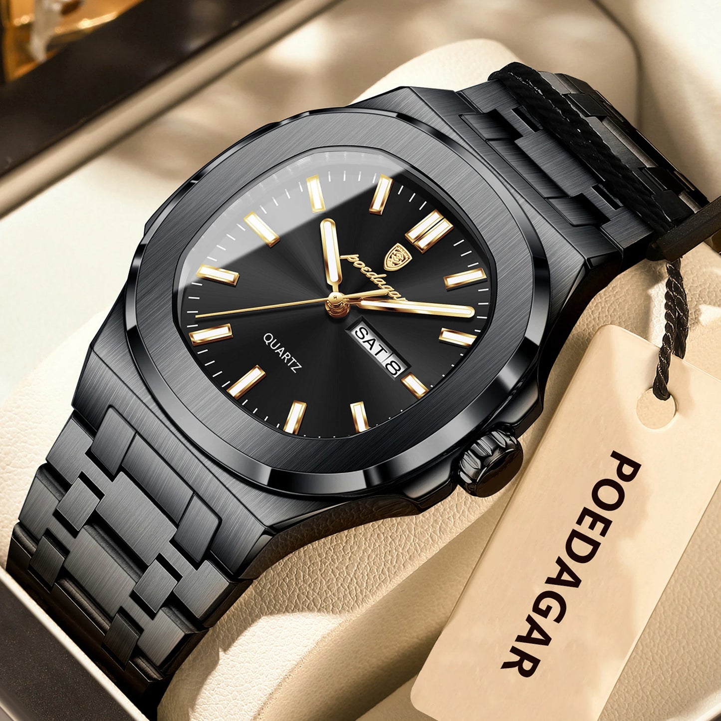 POEDAGAR Stainless Steel Square Quartz Watch
