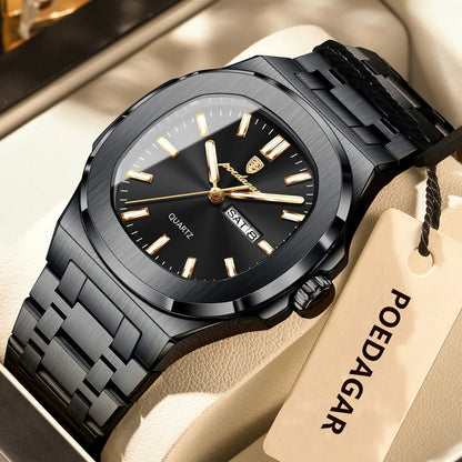 POEDAGAR Stainless Steel Square Quartz Watch