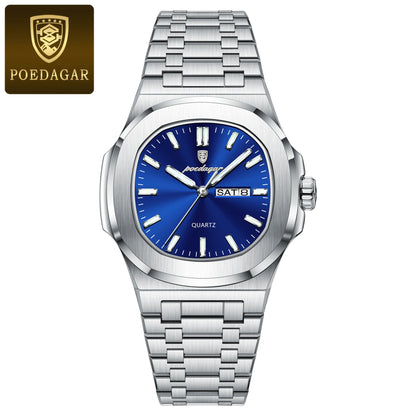 POEDAGAR Stainless Steel Square Quartz Watch