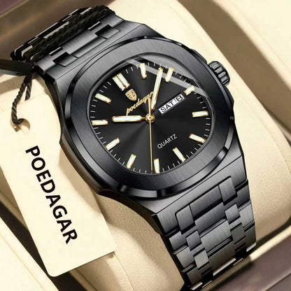 POEDAGAR Stainless Steel Square Quartz Watch