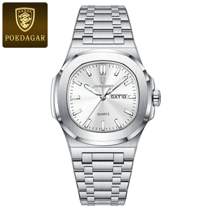 POEDAGAR Stainless Steel Square Quartz Watch