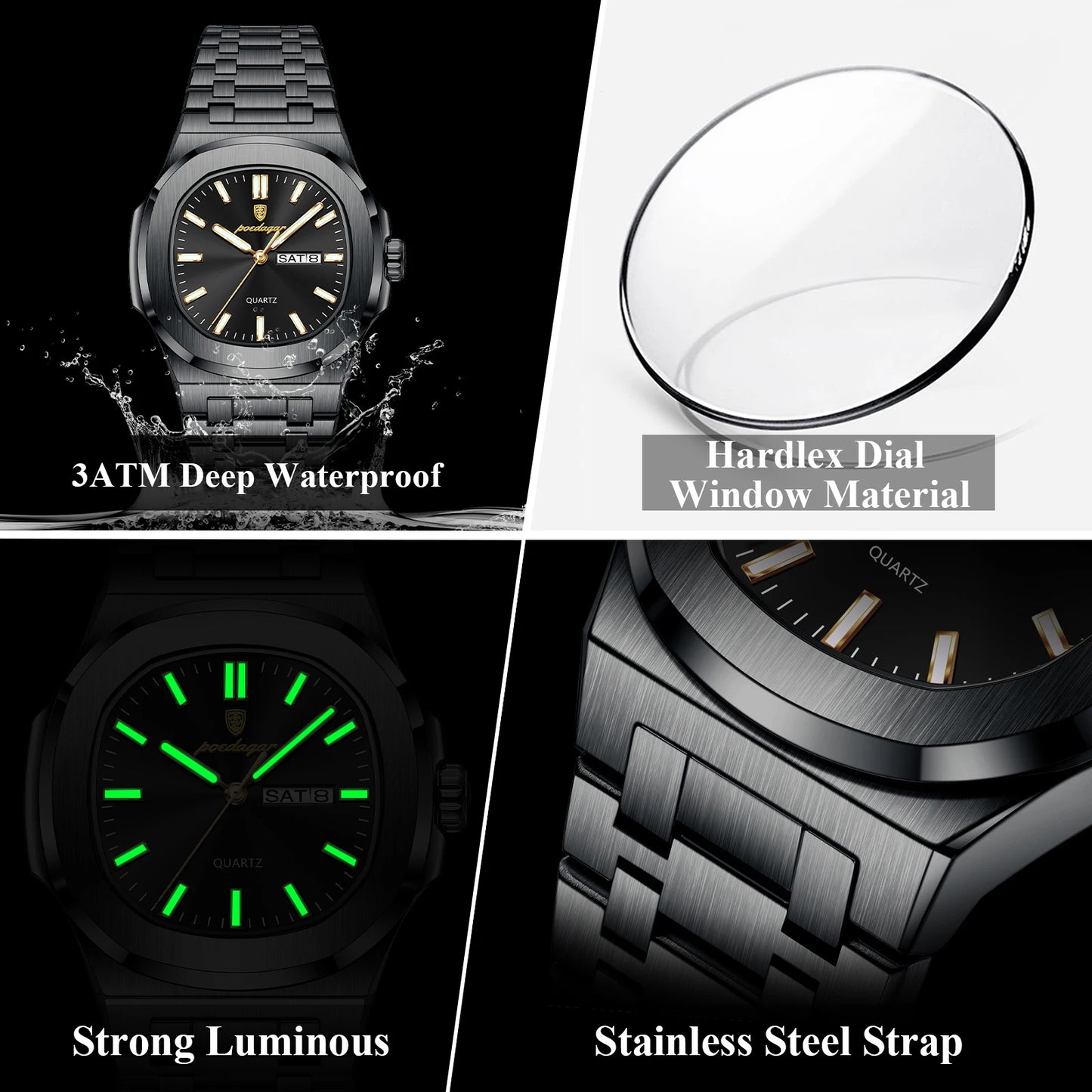 POEDAGAR Stainless Steel Square Quartz Watch