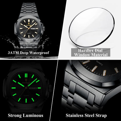 POEDAGAR Stainless Steel Square Quartz Watch